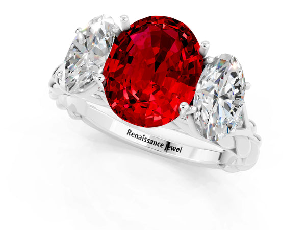 Platinum Three-Stone Oval Cut Ruby Braided Band Ring with Four-Prong Setting