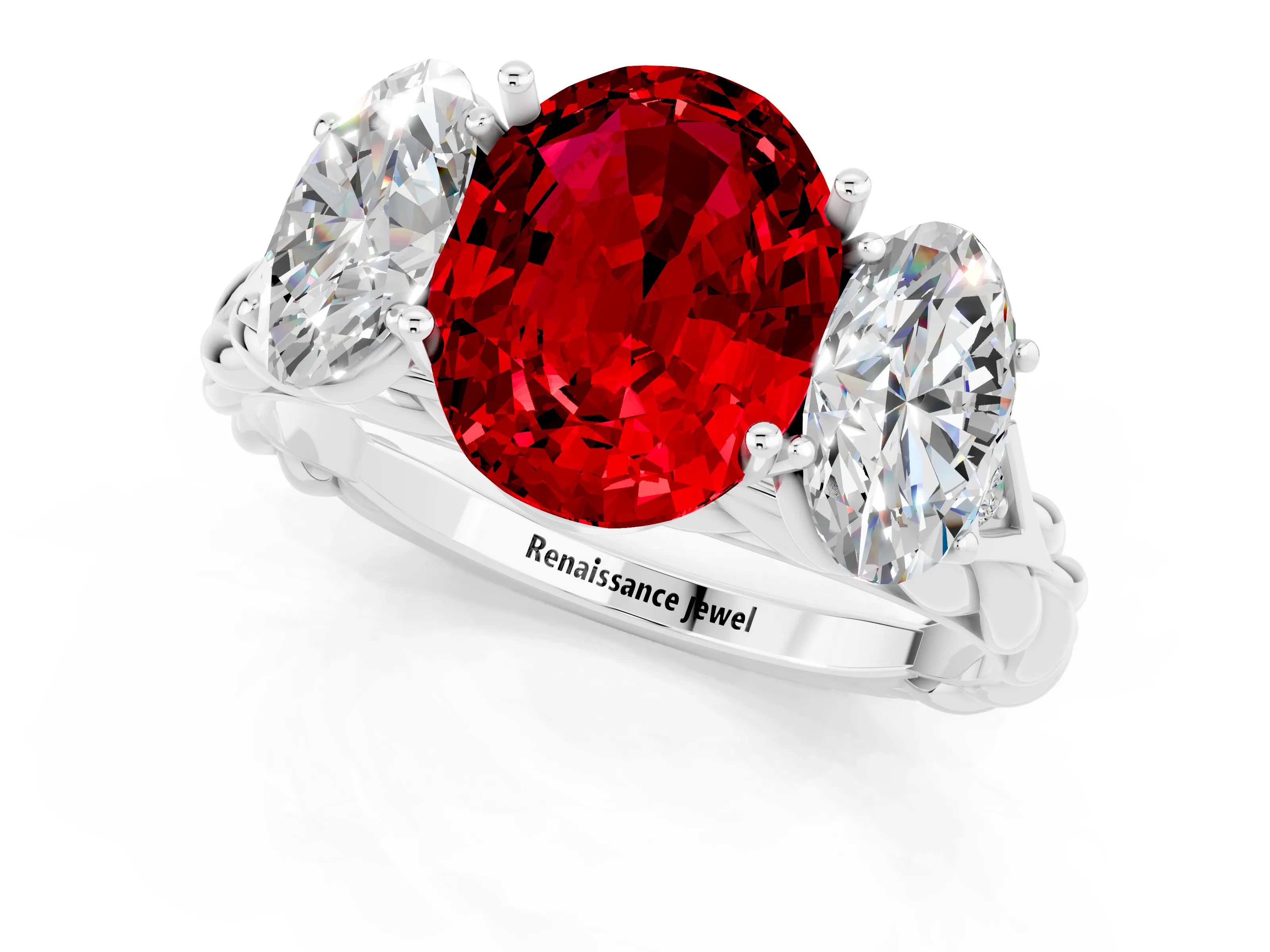 White gold Three-Stone Oval Cut Ruby Braided Band Ring with Four-Prong Setting_13