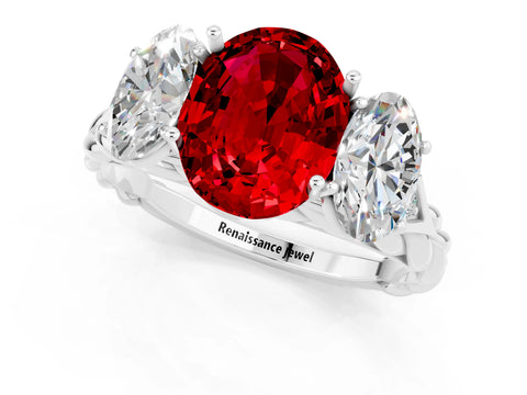 White gold Three-Stone Oval Cut Ruby Braided Band Ring with Four-Prong Setting_13
