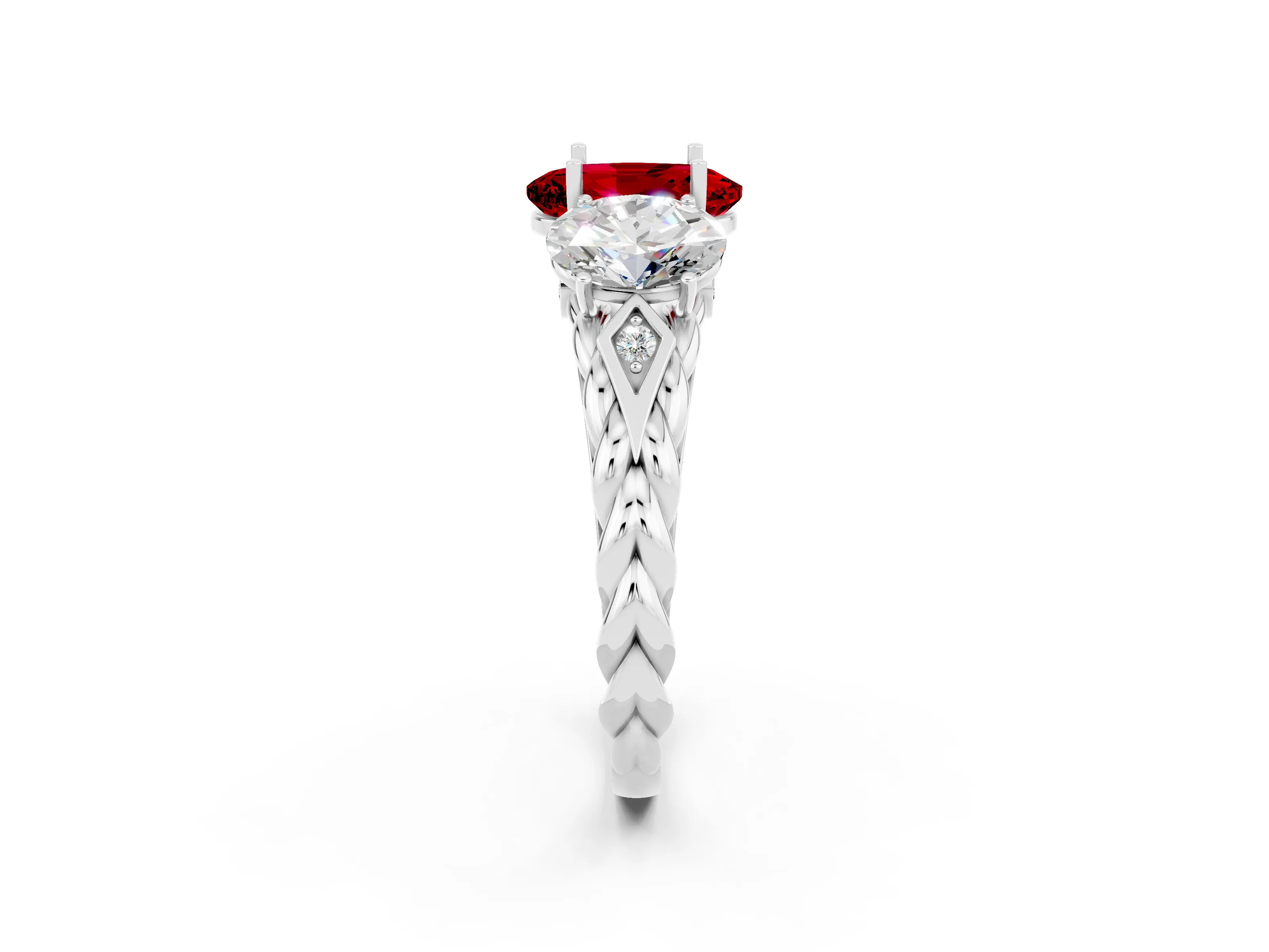White gold Three-Stone Oval Cut Ruby Braided Band Ring with Four-Prong Setting_14