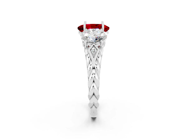 White gold Three-Stone Oval Cut Ruby Braided Band Ring with Four-Prong Setting