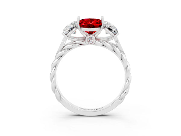 Platinum Three-Stone Oval Cut Ruby Braided Band Ring with Four-Prong Setting