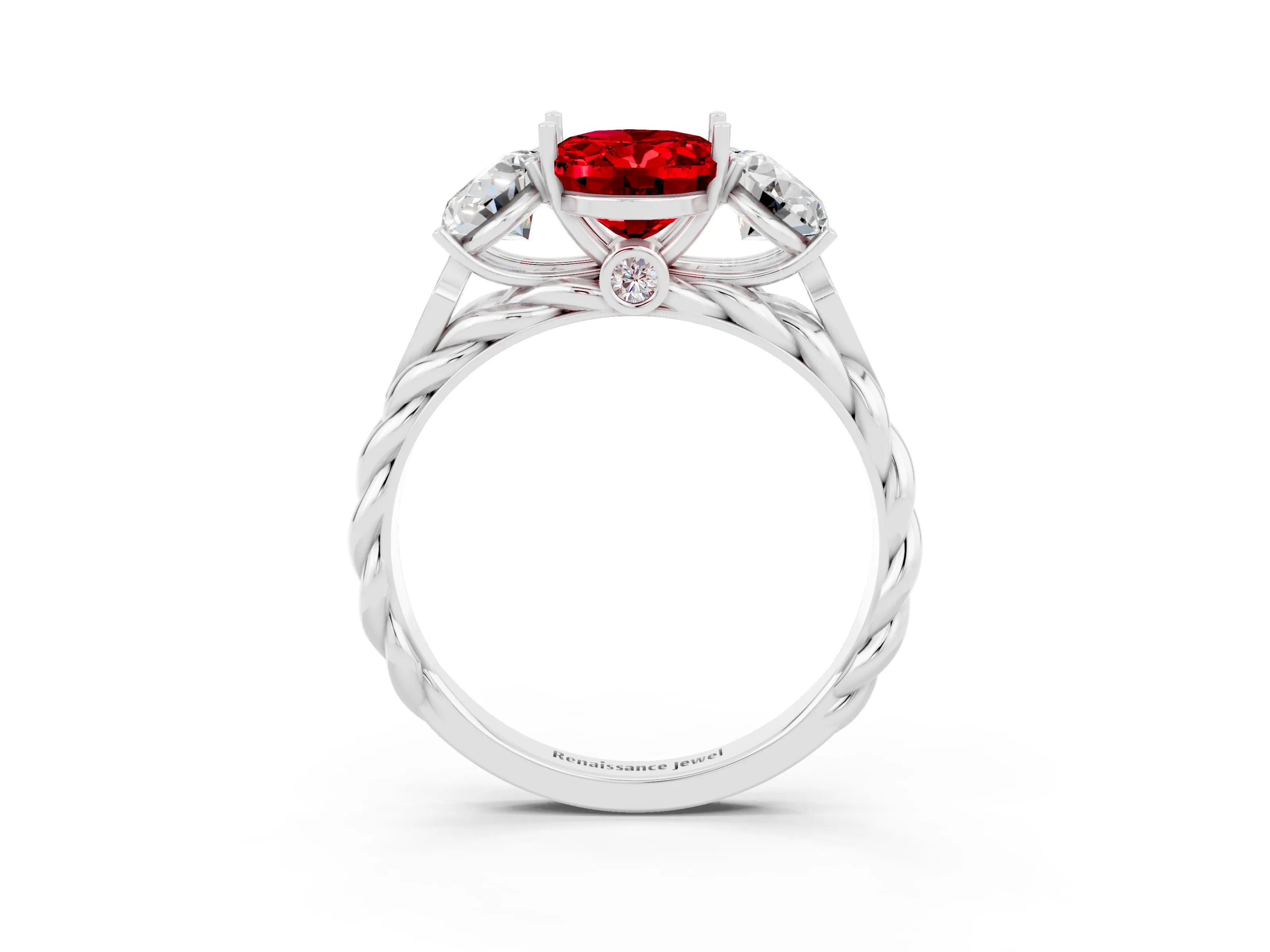 White gold Three-Stone Oval Cut Ruby Braided Band Ring with Four-Prong Setting_15