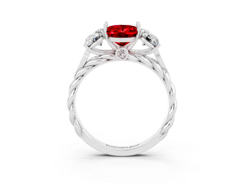 White gold Three-Stone Oval Cut Ruby Braided Band Ring with Four-Prong Setting_15