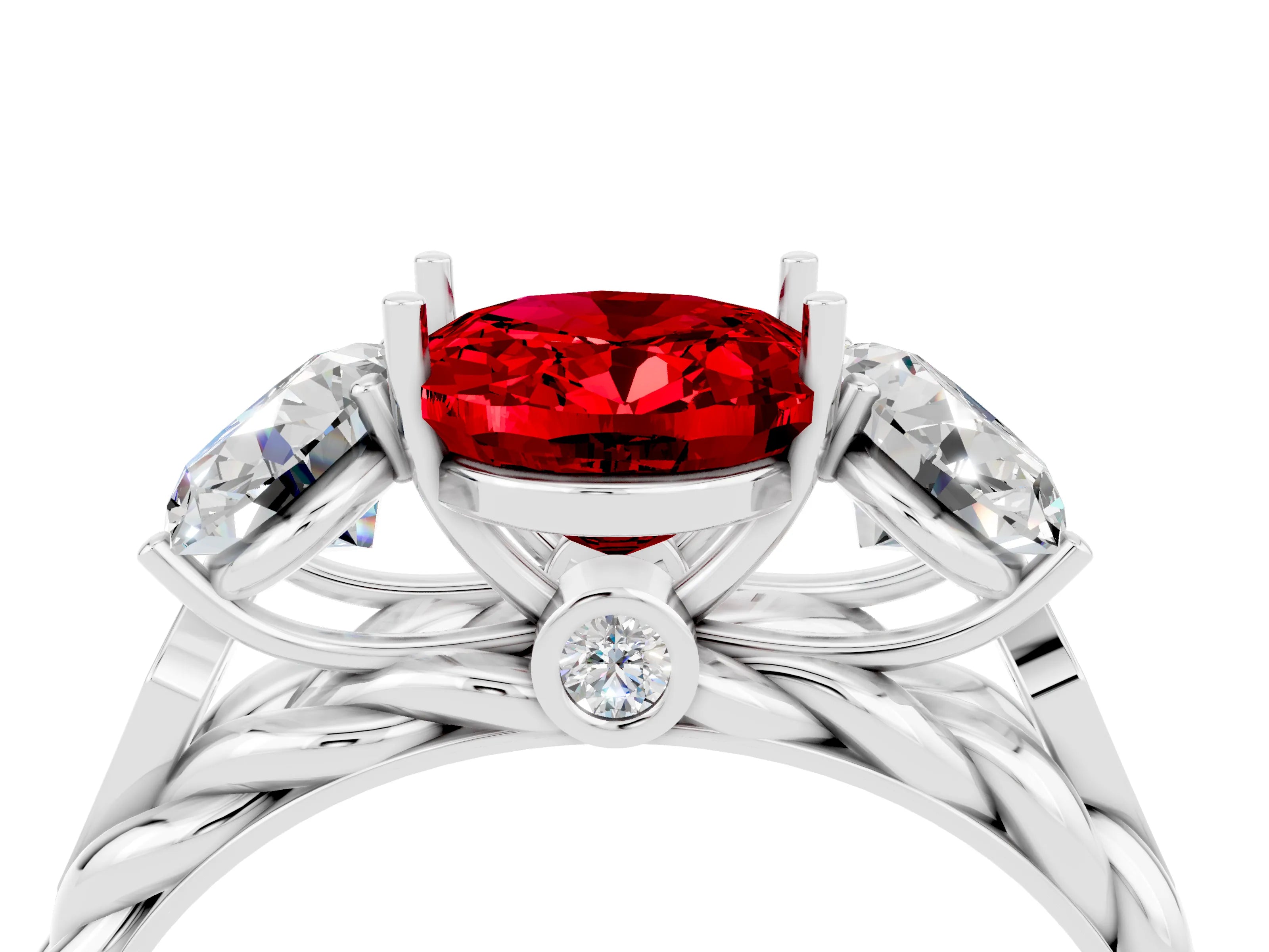 White gold Three-Stone Oval Cut Ruby Braided Band Ring with Four-Prong Setting_16