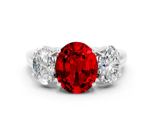 Platinum Three-Stone Oval Cut Ruby Engagement Ring with Prong Setting
