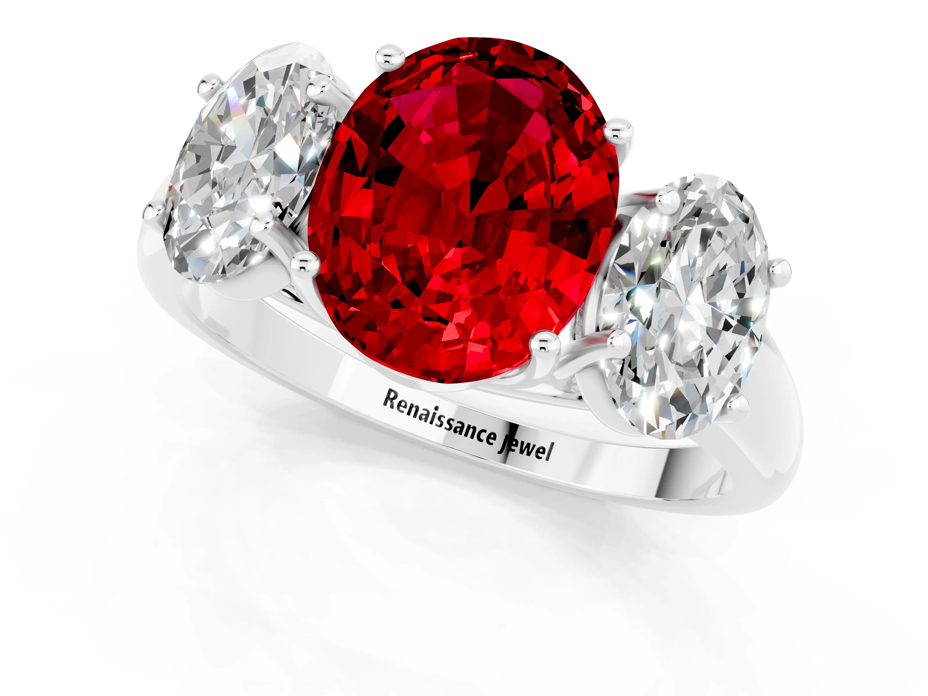 White gold Three-Stone Oval Cut Ruby Engagement Ring with Prong Setting_1
