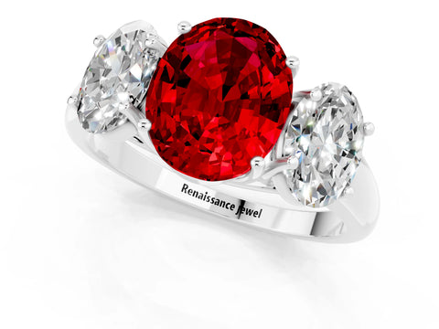 White gold Three-Stone Oval Cut Ruby Engagement Ring with Prong Setting_1