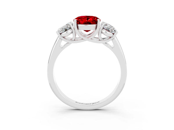 Silver Three-Stone Oval Cut Ruby Engagement Ring with Prong Setting