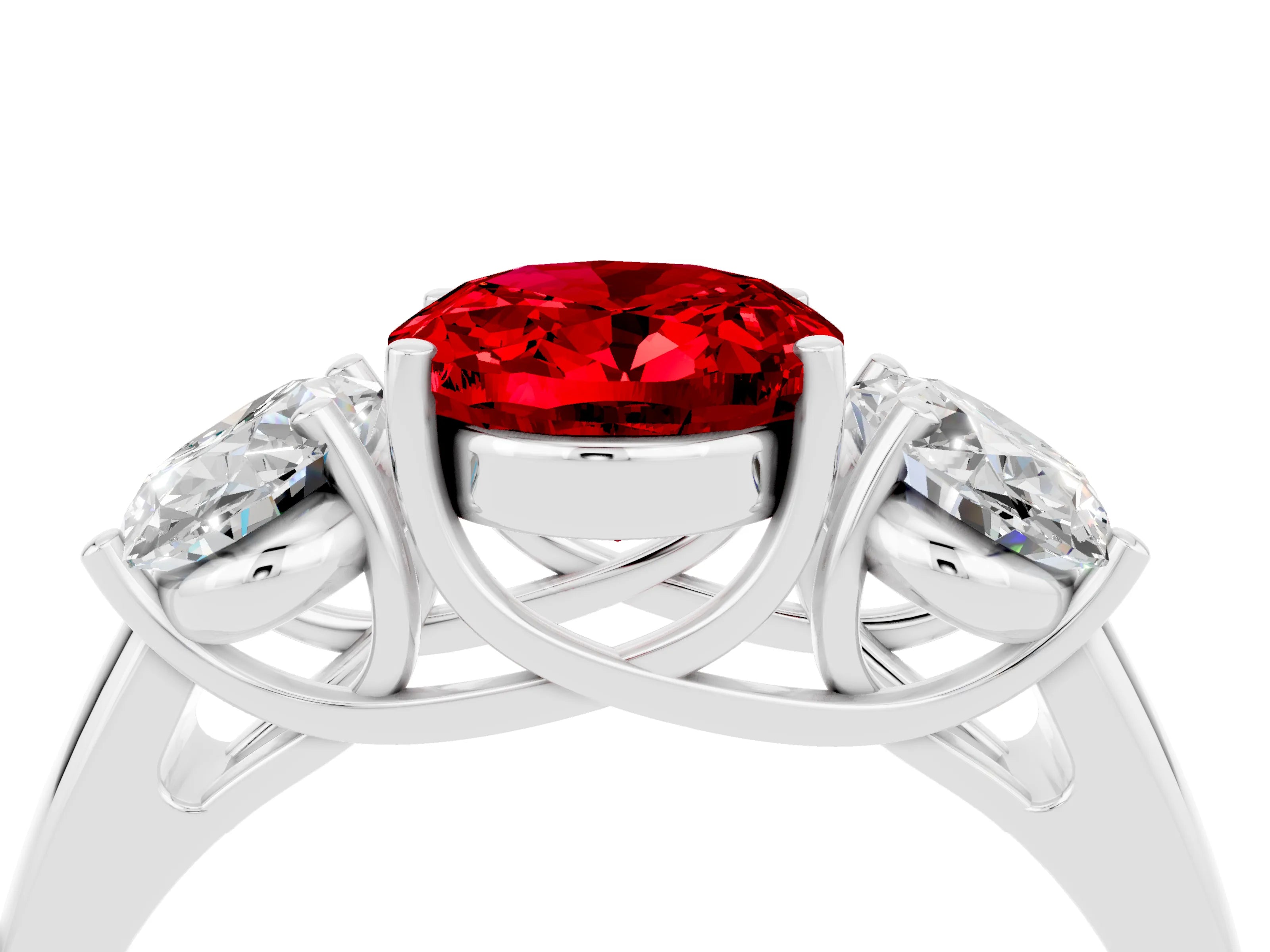 White gold Three-Stone Oval Cut Ruby Engagement Ring with Prong Setting_4