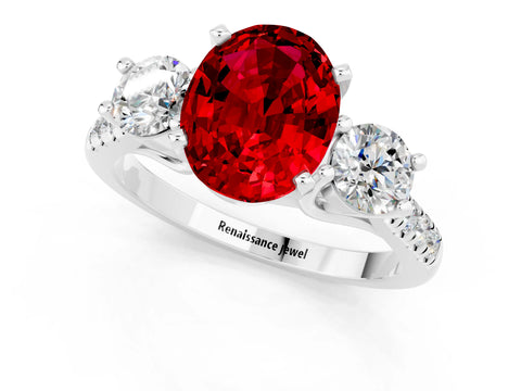 White gold Three-Stone Oval Cut Ruby Pavé Band with Four-Prong Setting_1