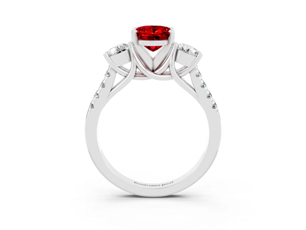 Platinum Three-Stone Oval Cut Ruby Pavé Band with Four-Prong Setting