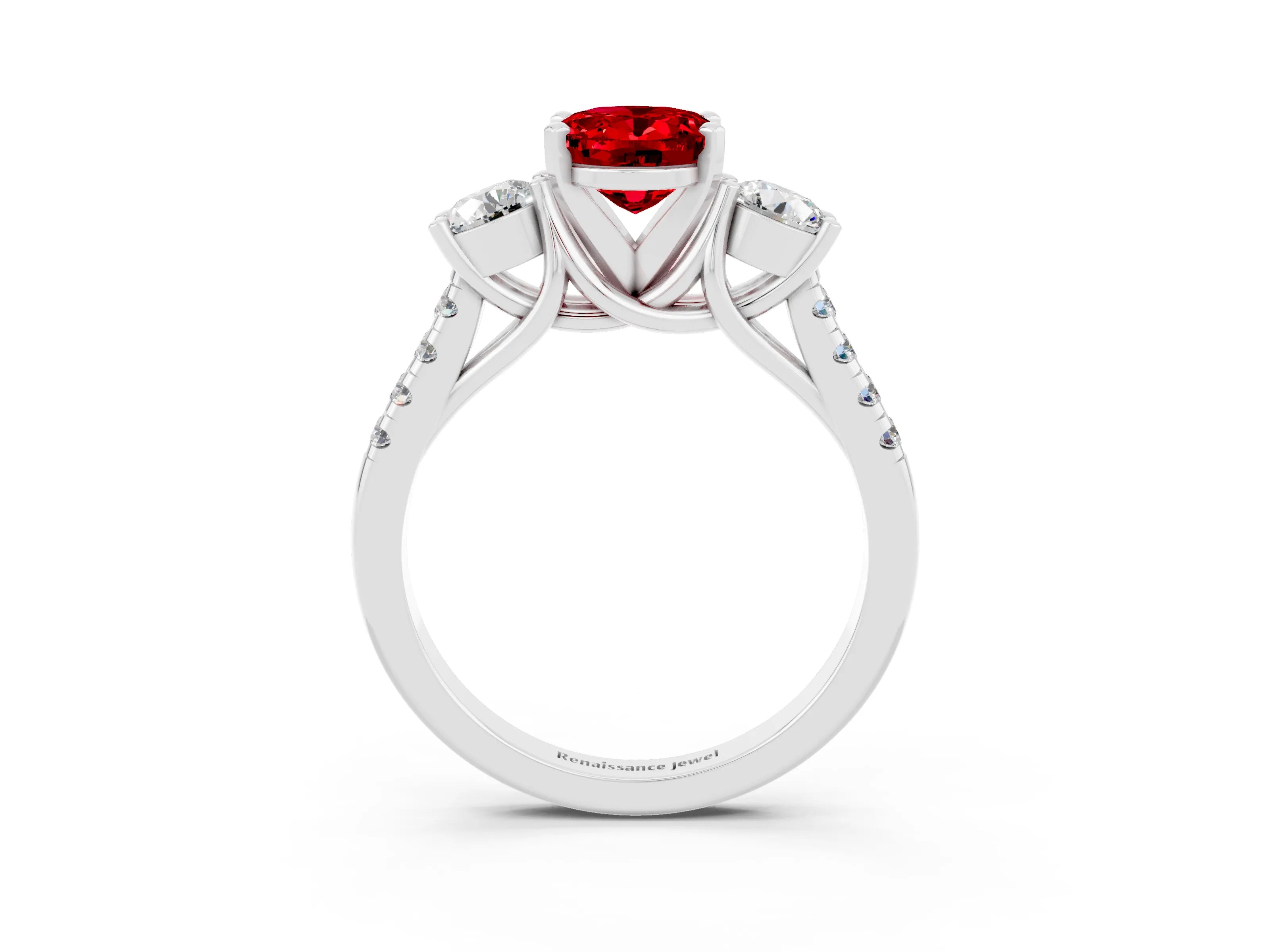 White gold Three-Stone Oval Cut Ruby Pavé Band with Four-Prong Setting_3
