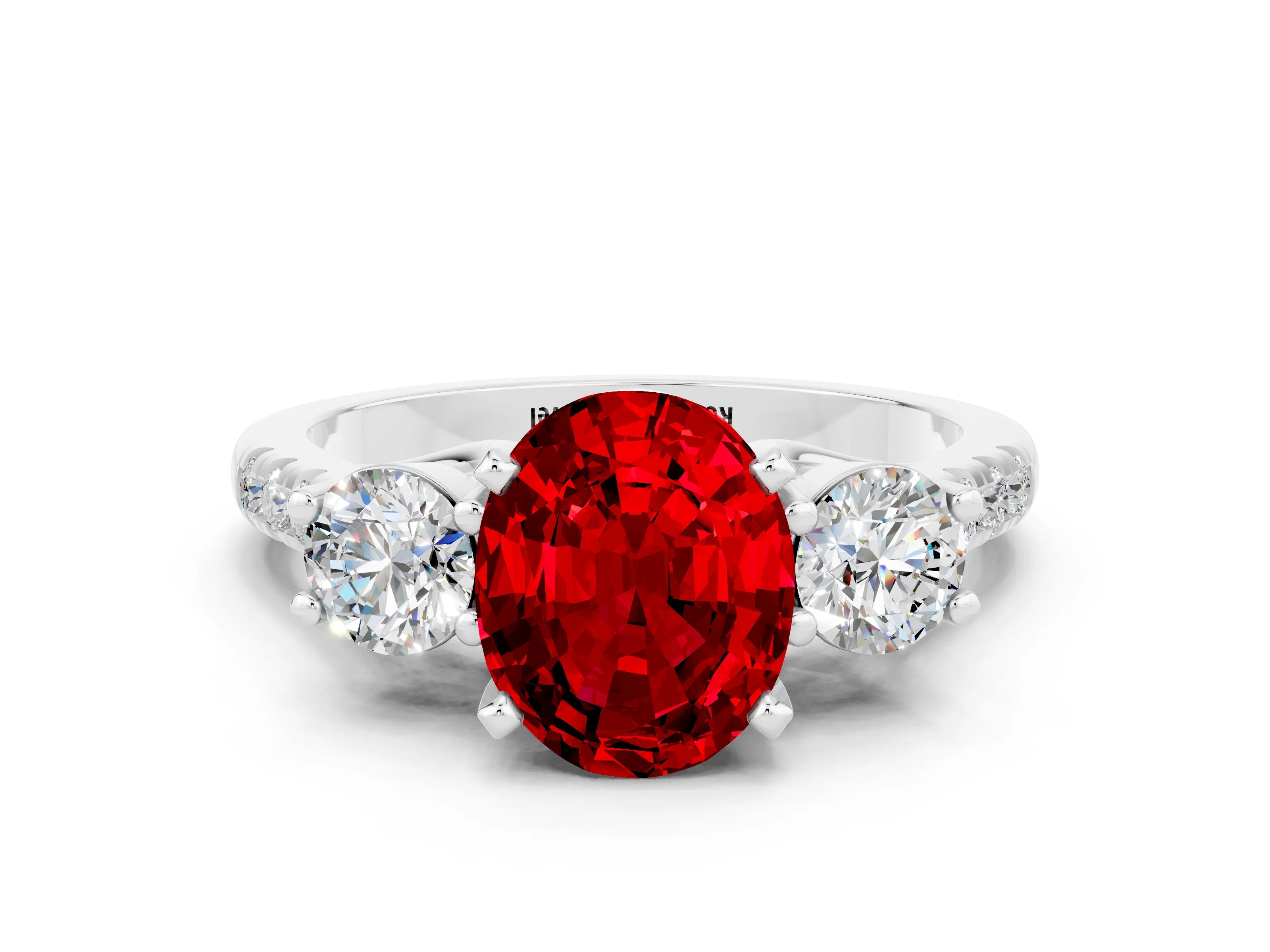 White gold Three-Stone Oval Cut Ruby Pavé Band with Four-Prong Setting
