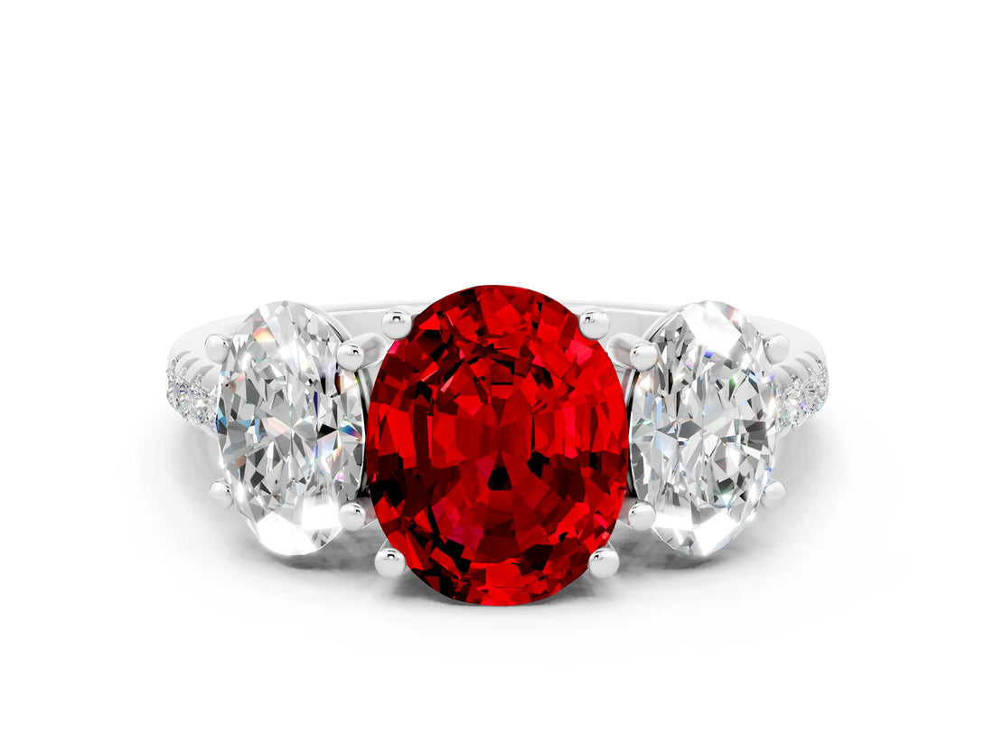 White gold Three-Stone Oval Cut Ruby Ring with Pavé Band and Prong Setting_12