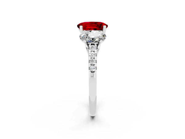White gold Three-Stone Oval Cut Ruby Ring with Round  Pavé Band and Prong Setting
