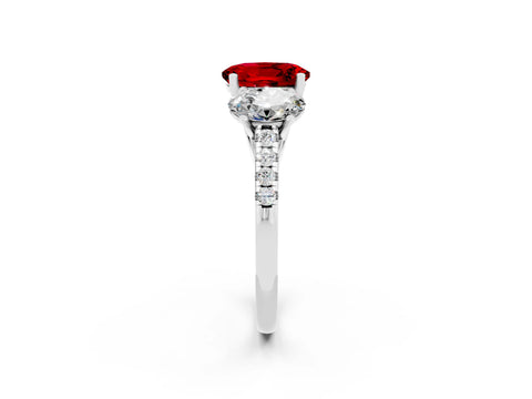 White gold Three-Stone Oval Cut Ruby Ring with Pavé Band and Prong Setting_14