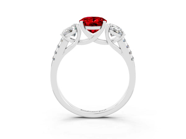 Silver Three-Stone Oval Cut Ruby Ring with Round  Pavé Band and Prong Setting