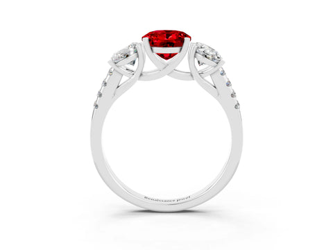 White gold Three-Stone Oval Cut Ruby Ring with Pavé Band and Prong Setting_15