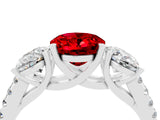 White gold Three-Stone Oval Cut Ruby Ring with Pavé Band and Prong Setting_16