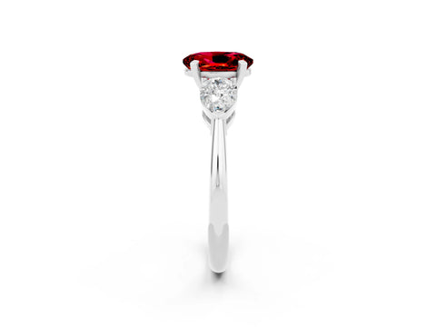 White gold Three-Stone Oval Cut Ruby Ring with Pear Side Stones and Four-Prong Setting_2