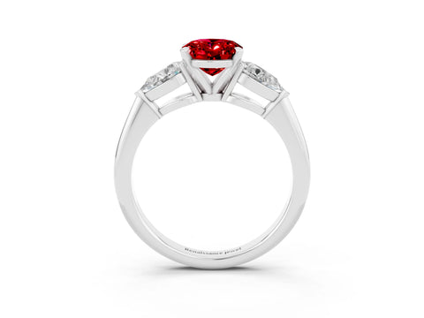 White gold Three-Stone Oval Cut Ruby Ring with Pear Side Stones and Four-Prong Setting_3