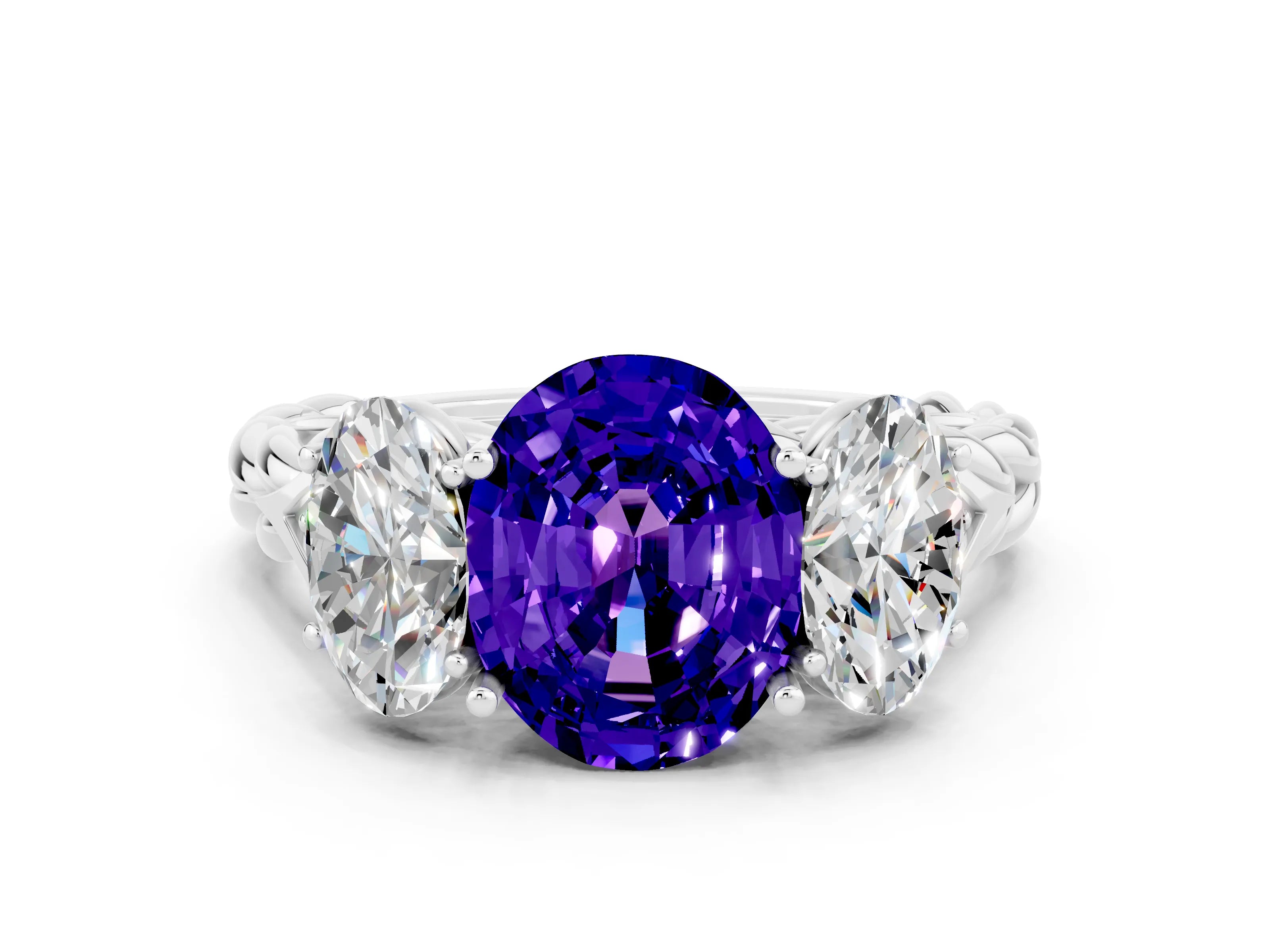 White gold Three-Stone Oval Cut Tanzanite Braided Band Ring with Four-Prong Setting_31