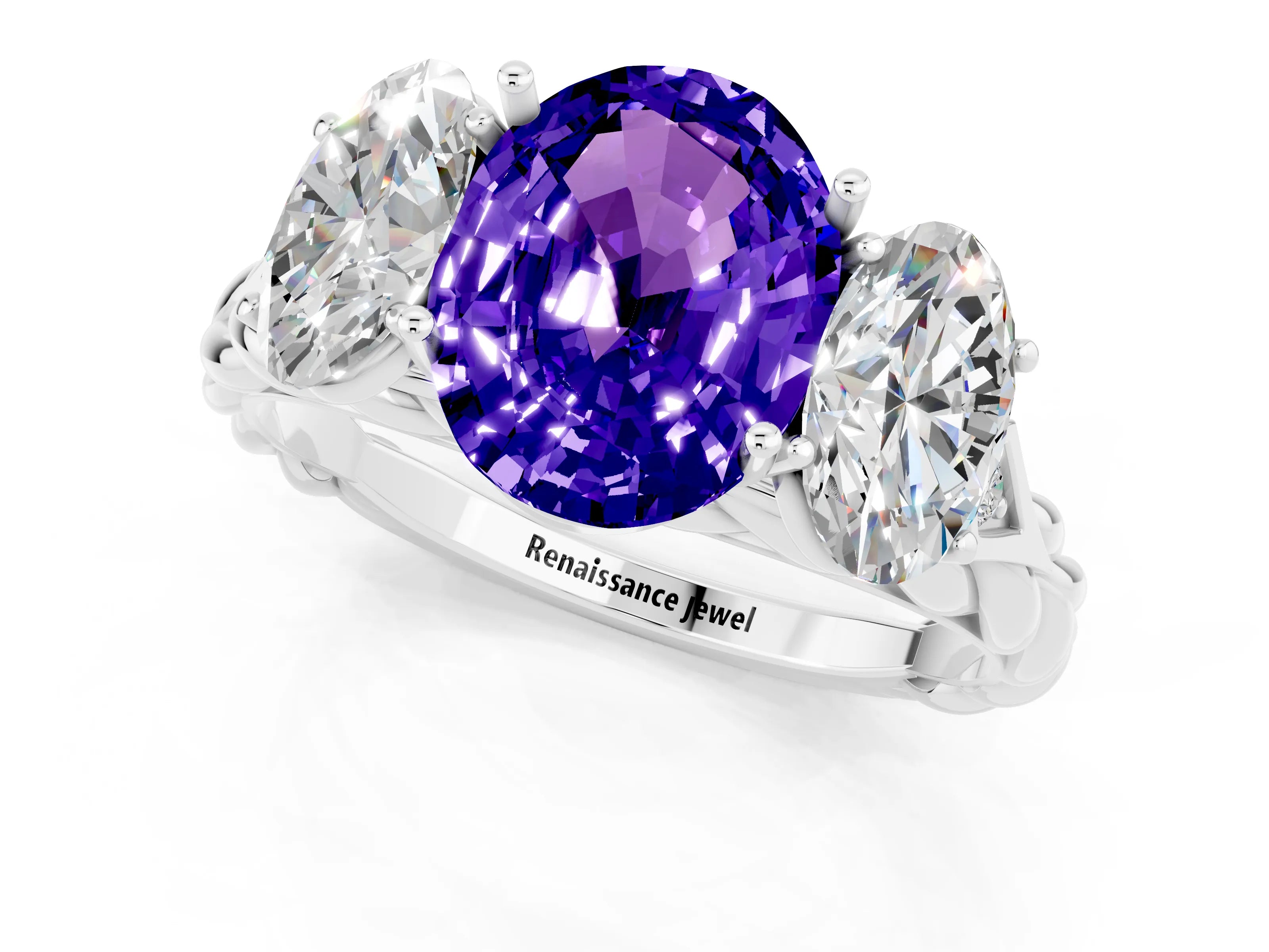 White gold Three-Stone Oval Cut Tanzanite Braided Band Ring with Four-Prong Setting_32