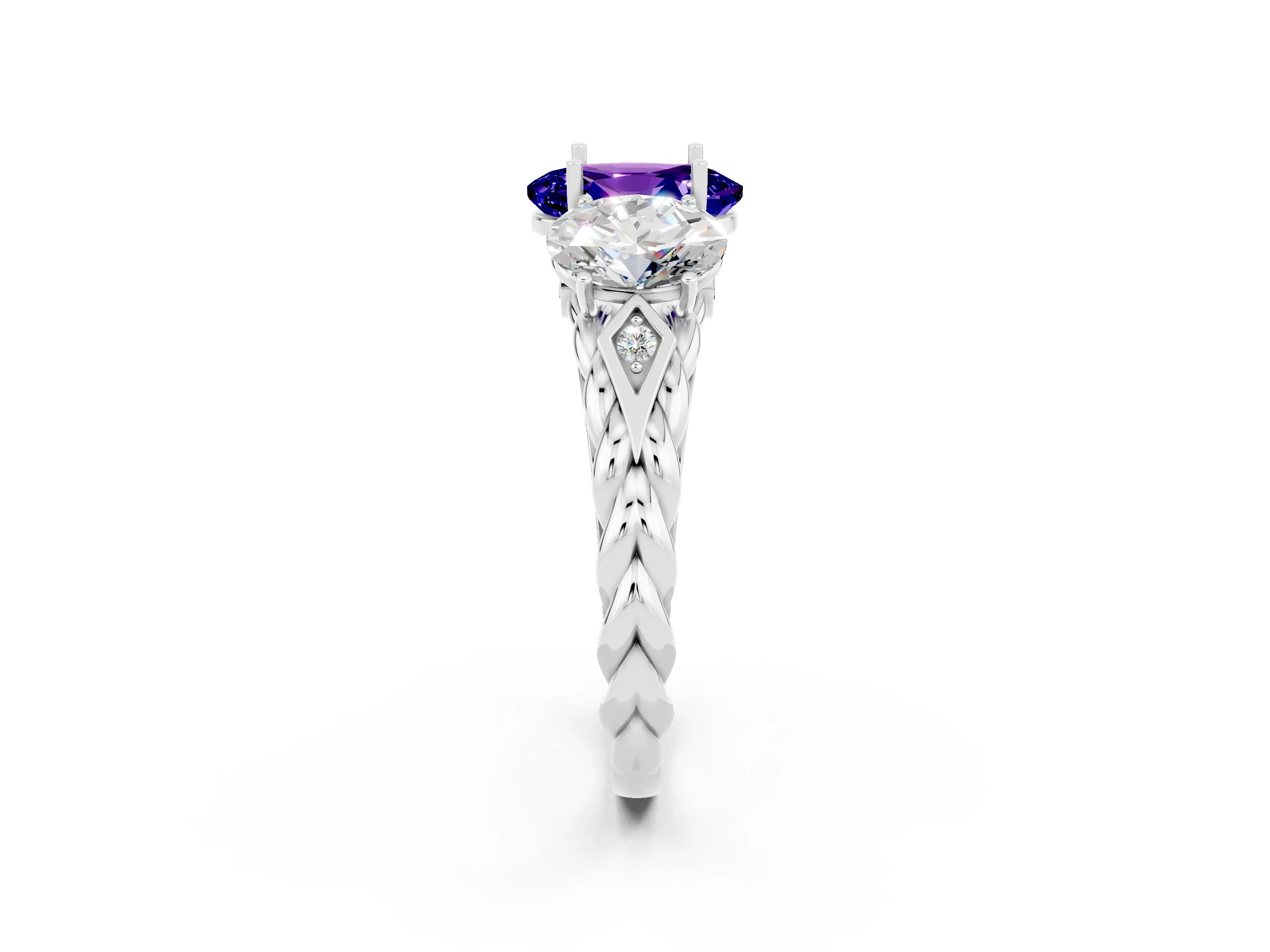 White gold Three-Stone Oval Cut Tanzanite Braided Band Ring with Four-Prong Setting_33