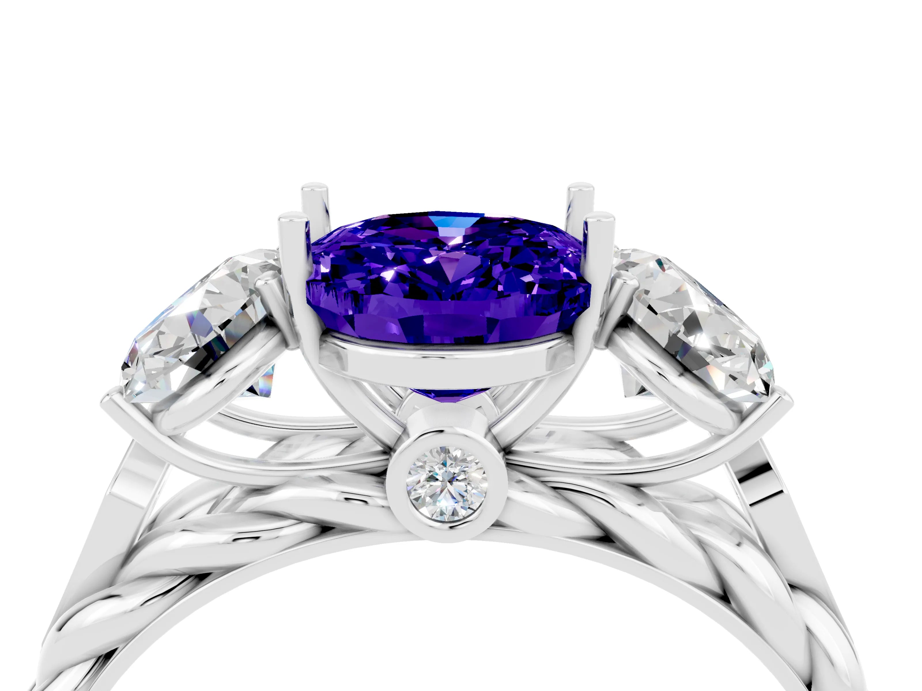 White gold Three-Stone Oval Cut Tanzanite Braided Band Ring with Four-Prong Setting_35