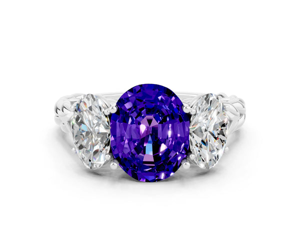 Platinum Three-Stone Oval Cut Tanzanite Braided Band Ring with Four-Prong Setting
