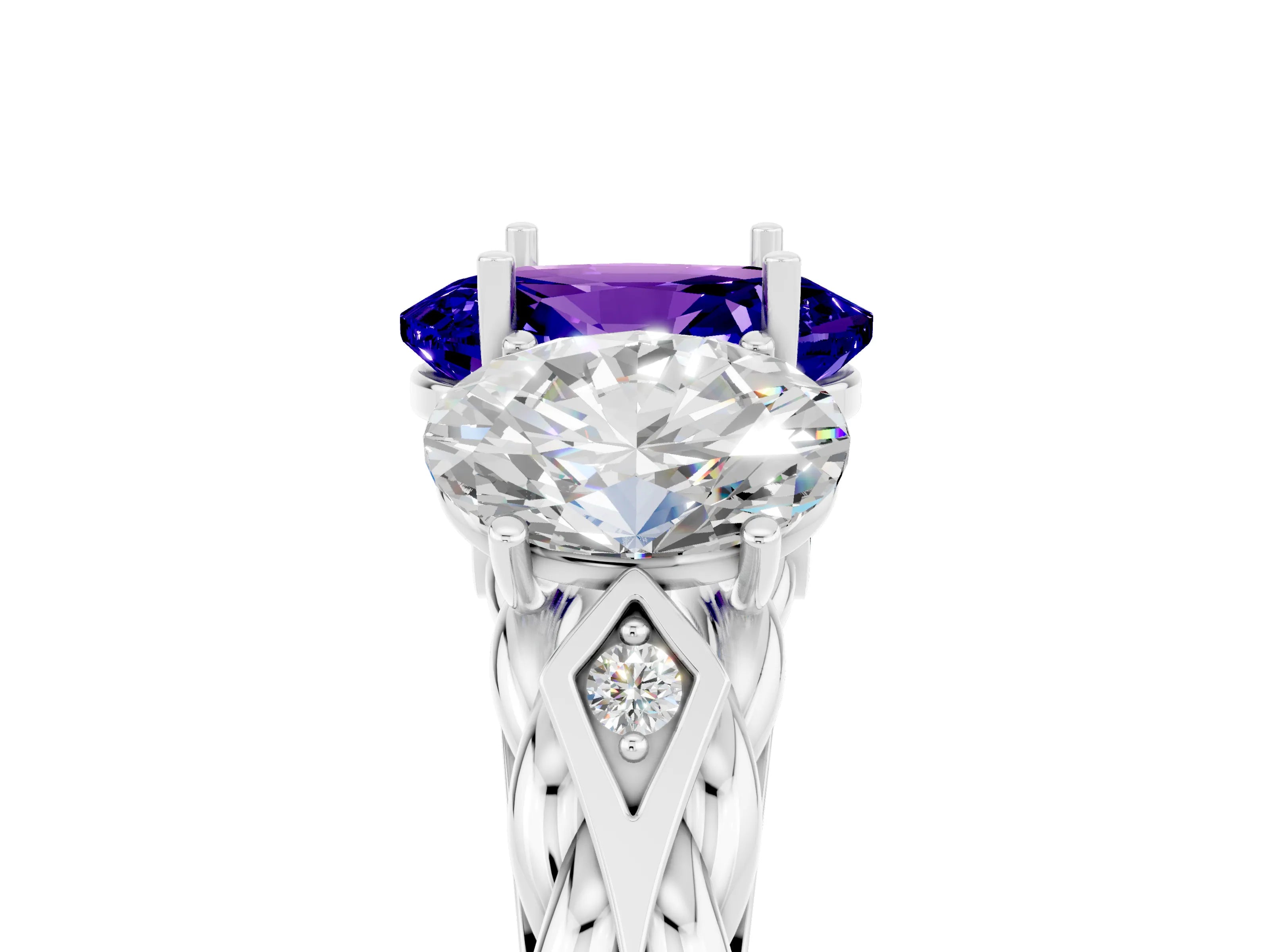 White gold Three-Stone Oval Cut Tanzanite Braided Band Ring with Four-Prong Setting_36
