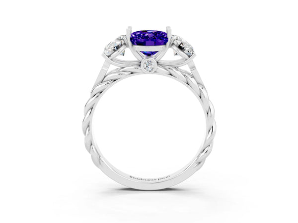 Silver Three-Stone Oval Cut Tanzanite Braided Band Ring with Four-Prong Setting