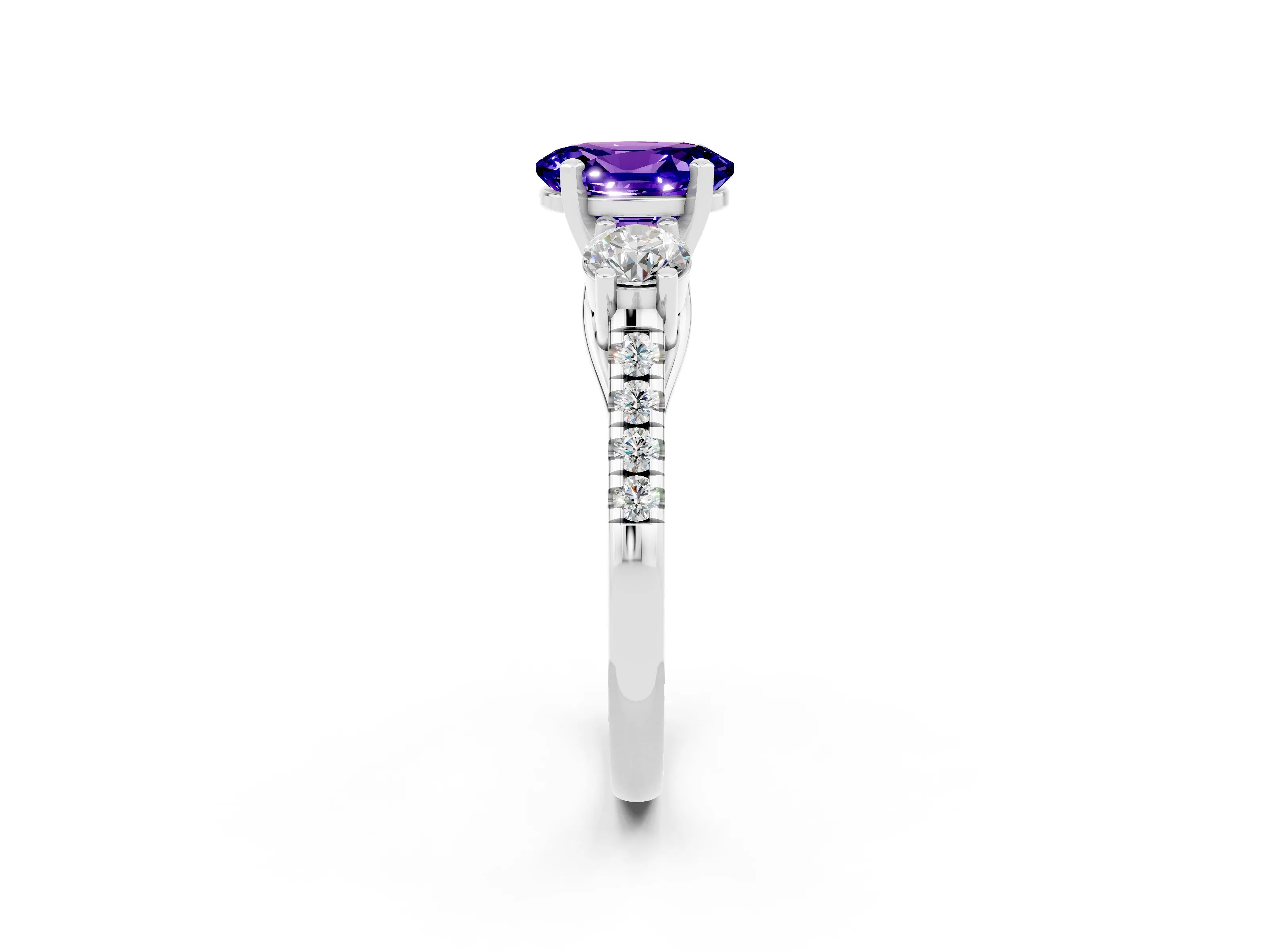 White gold Three-Stone Oval Cut Tanzanite Pavé Band with Four-Prong Setting_2
