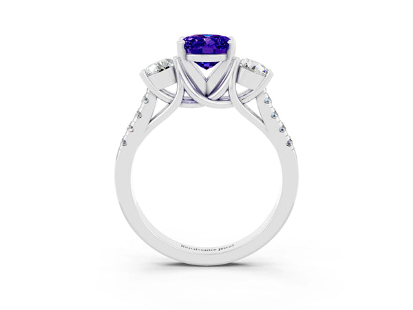 Platinum Three-Stone Oval Cut Tanzanite Pavé Band with Four-Prong Setting