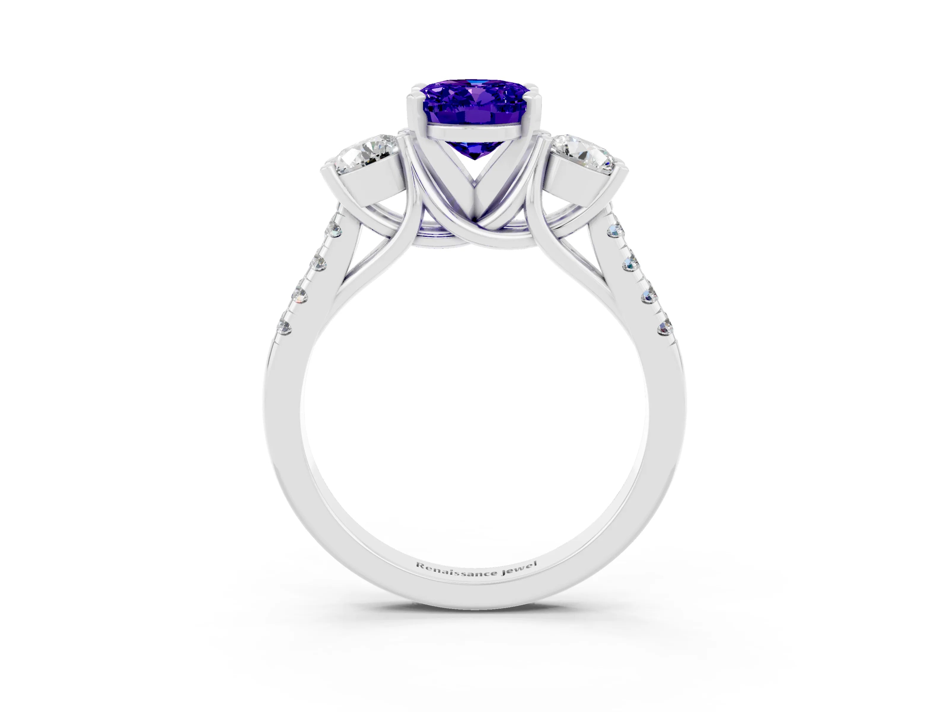 White gold Three-Stone Oval Cut Tanzanite Pavé Band with Four-Prong Setting_3
