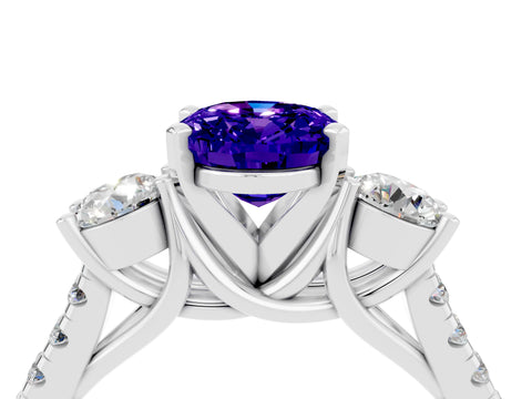 White gold Three-Stone Oval Cut Tanzanite Pavé Band with Four-Prong Setting_4
