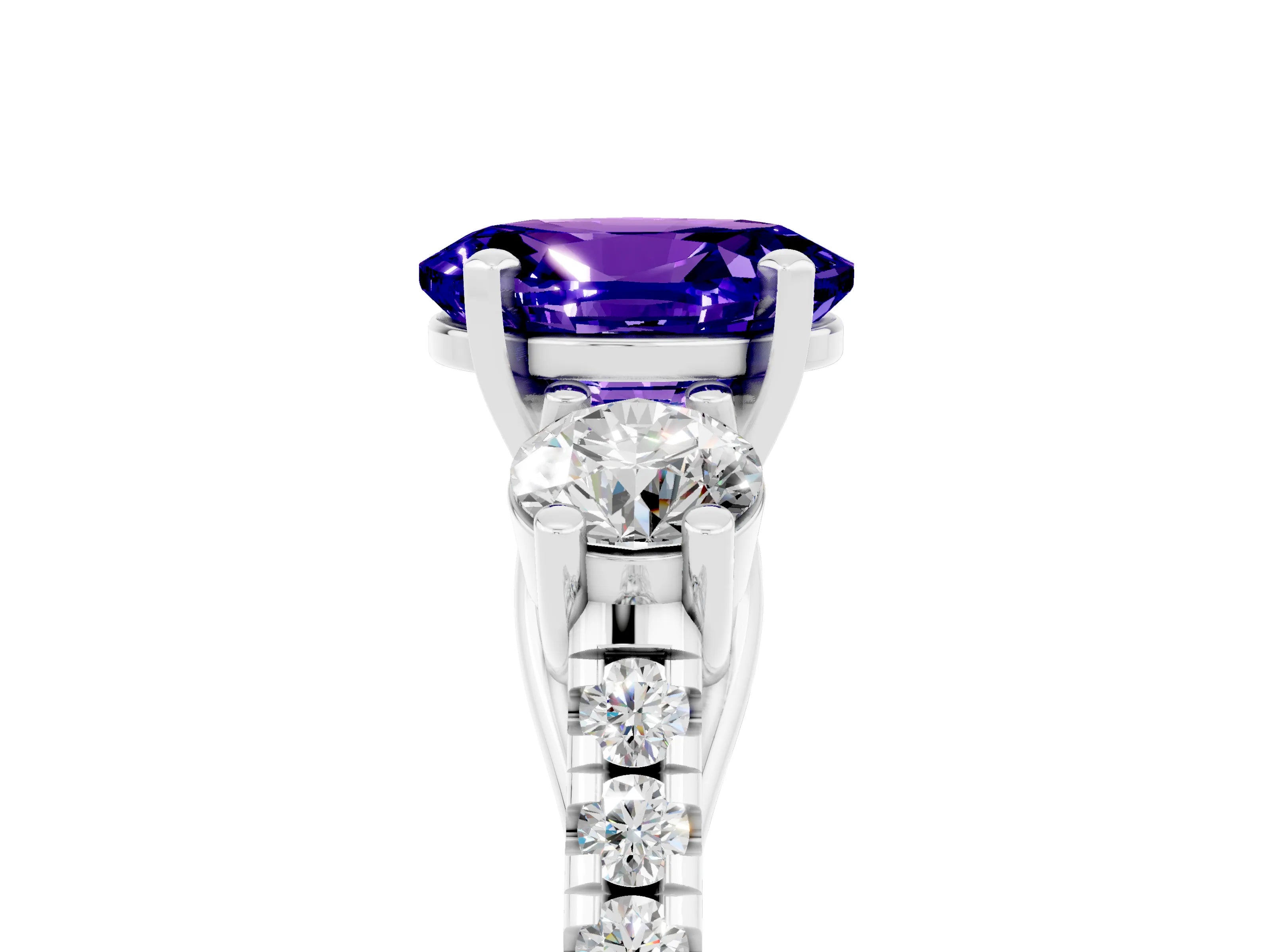 White gold Three-Stone Oval Cut Tanzanite Pavé Band with Four-Prong Setting_5