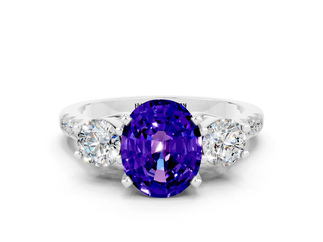 White gold Three-Stone Oval Cut Tanzanite Pavé Band with Four-Prong Setting
