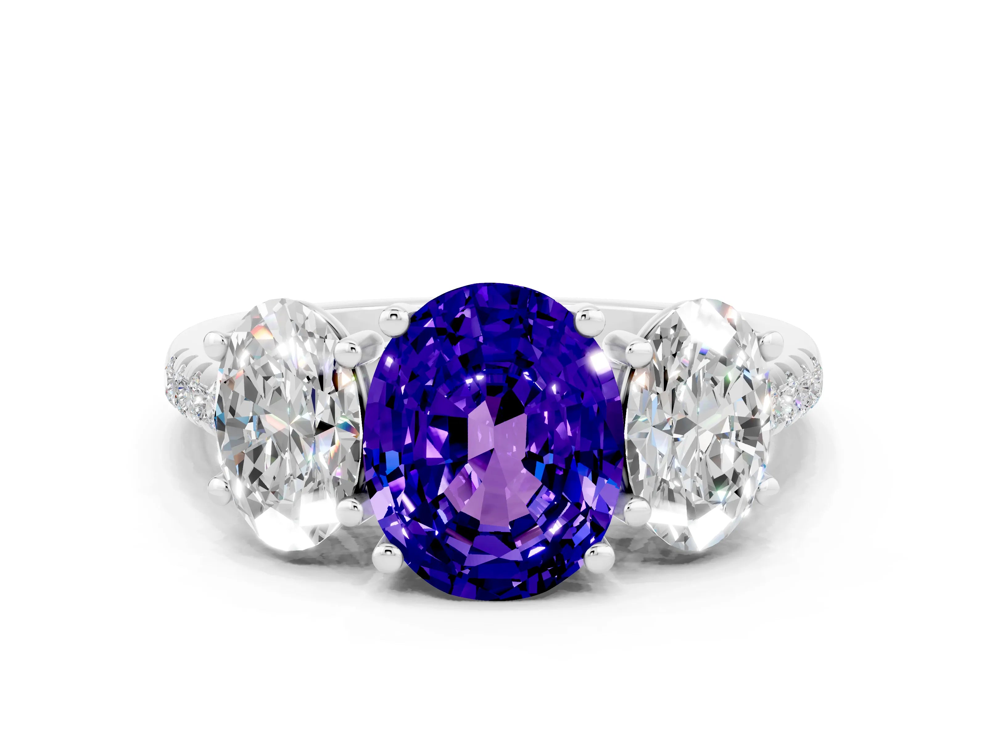 White gold Three-Stone Oval Cut Tanzanite Ring with Pavé Band and Prong Setting_12