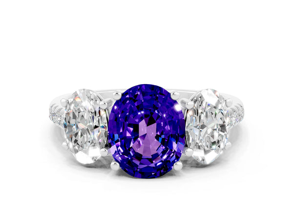 White gold Three-Stone Oval Cut Tanzanite Ring with Round  Pavé Band and Prong Setting