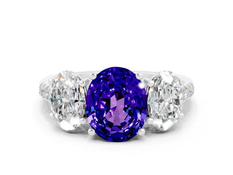 White gold Three-Stone Oval Cut Tanzanite Ring with Pavé Band and Prong Setting_12
