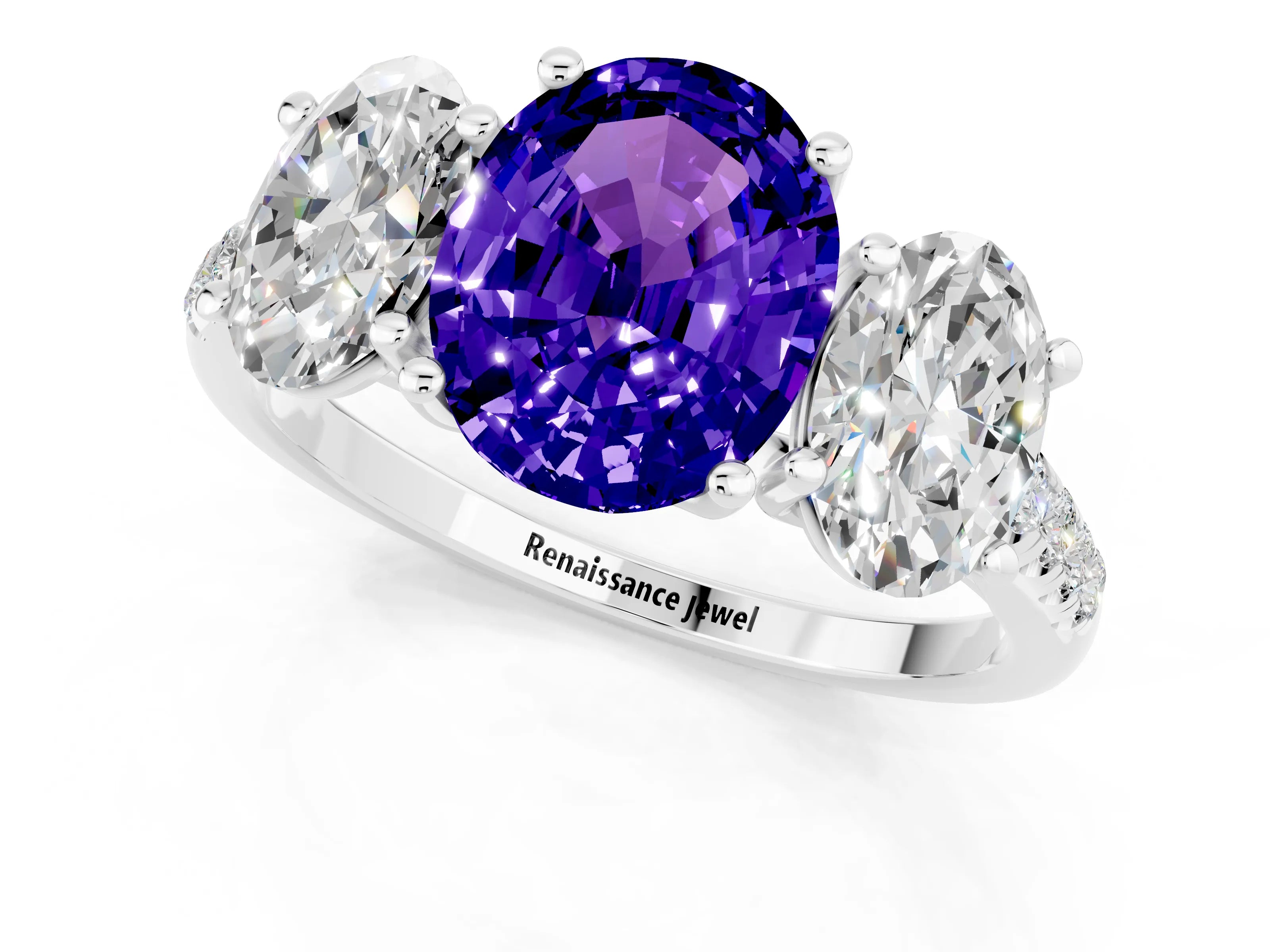 White gold Three-Stone Oval Cut Tanzanite Ring with Pavé Band and Prong Setting_13