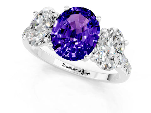 White gold Three-Stone Oval Cut Tanzanite Ring with Pavé Band and Prong Setting_13