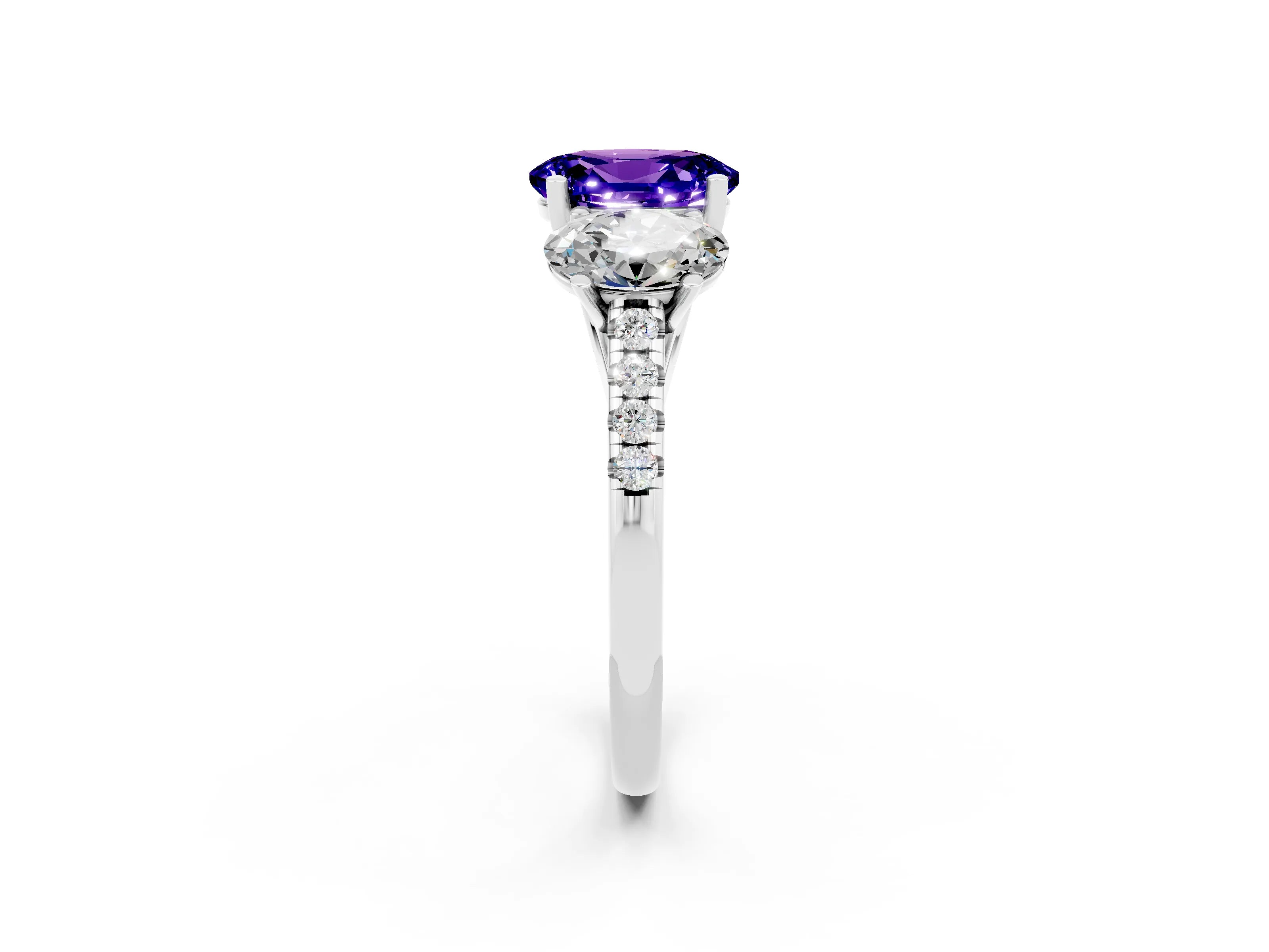 White gold Three-Stone Oval Cut Tanzanite Ring with Pavé Band and Prong Setting_14