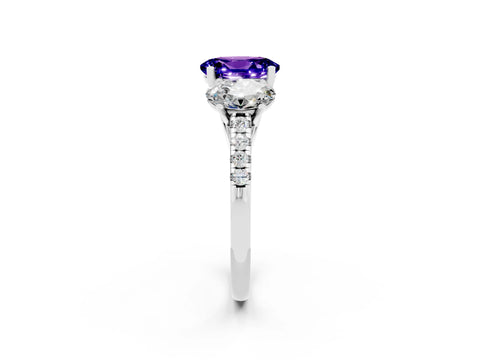White gold Three-Stone Oval Cut Tanzanite Ring with Pavé Band and Prong Setting_14