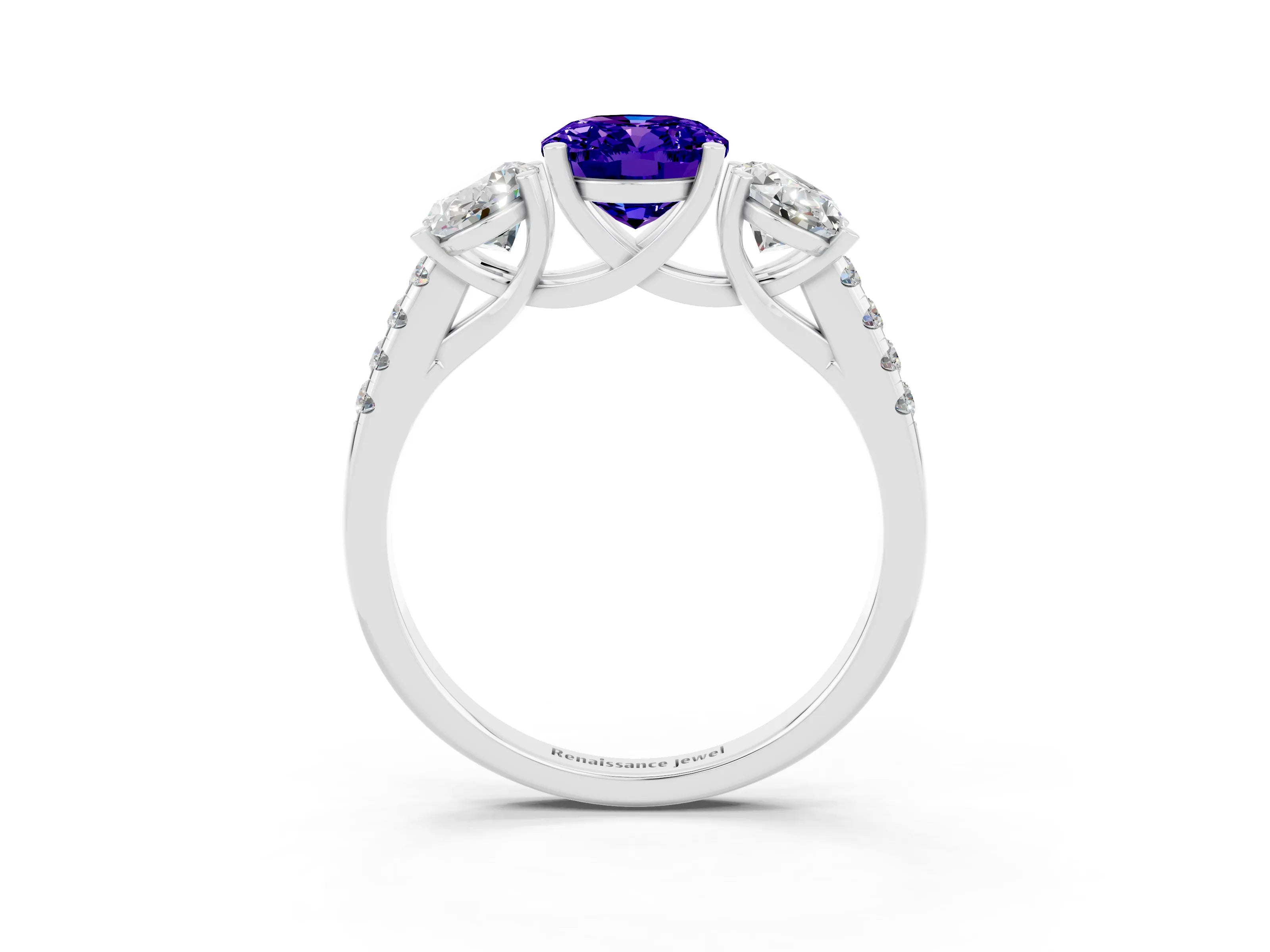 White gold Three-Stone Oval Cut Tanzanite Ring with Pavé Band and Prong Setting_15