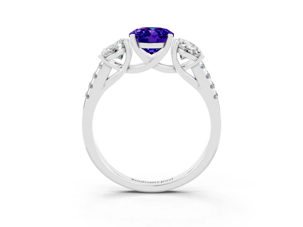 White gold Three-Stone Oval Cut Tanzanite Ring with Round  Pavé Band and Prong Setting