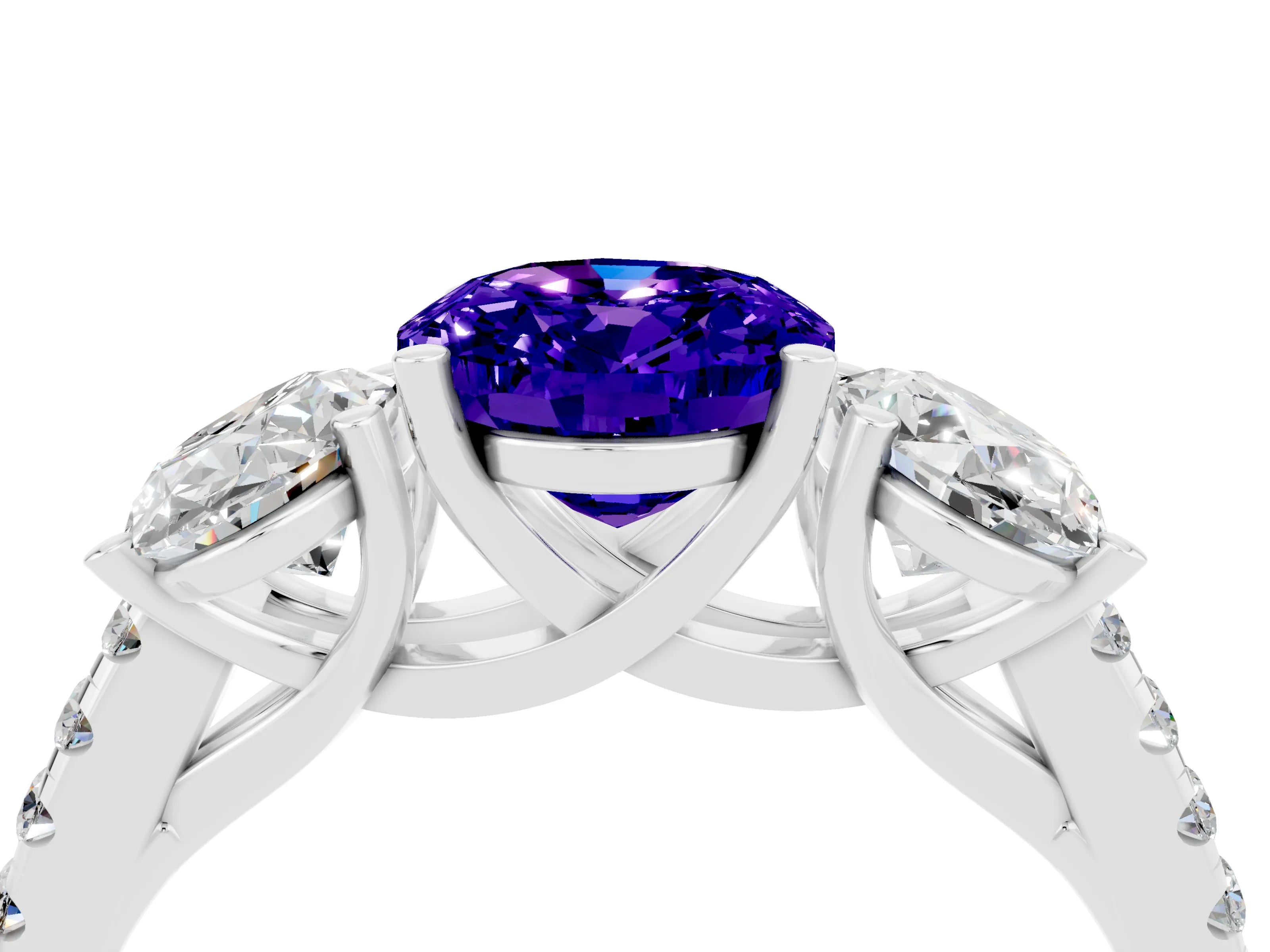 White gold Three-Stone Oval Cut Tanzanite Ring with Pavé Band and Prong Setting_16
