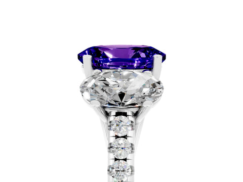 White gold Three-Stone Oval Cut Tanzanite Ring with Pavé Band and Prong Setting_17